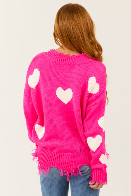 Neon Pink Heart Print Distressed Trim Sweater