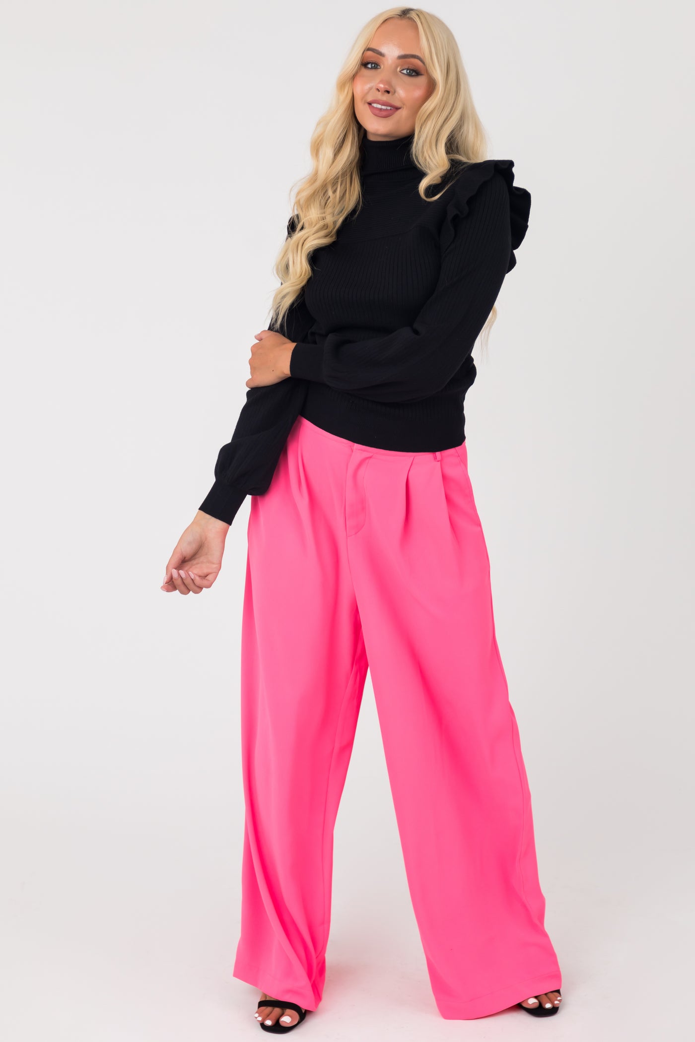 Neon Pink High Waisted Wide Leg Woven Pants