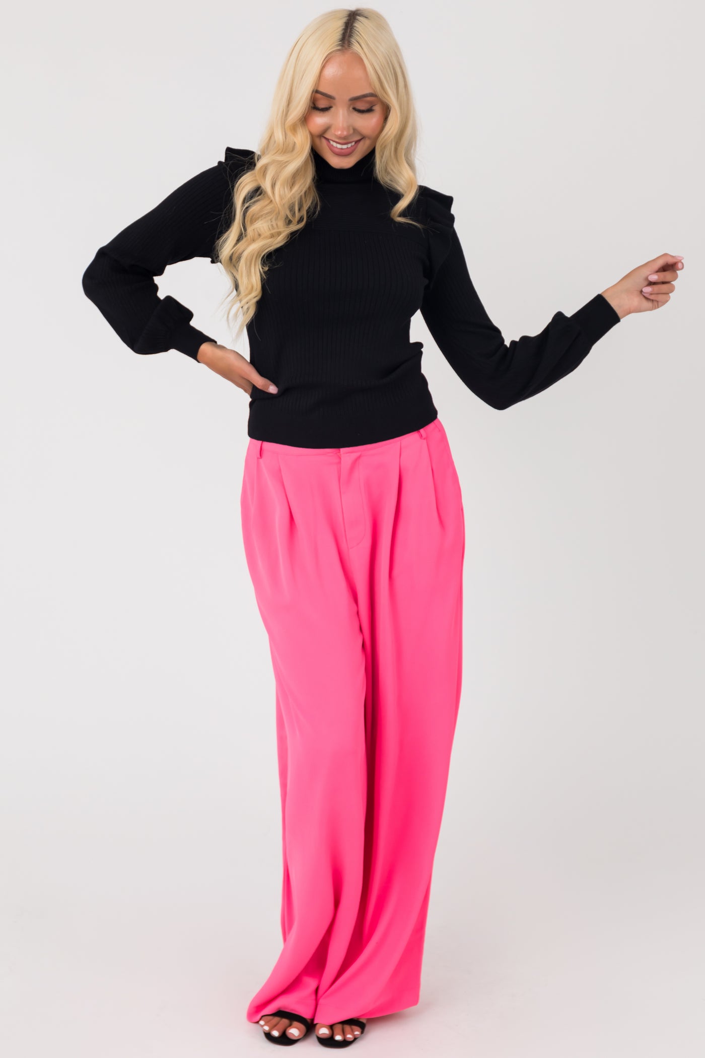 Neon Pink High Waisted Wide Leg Woven Pants