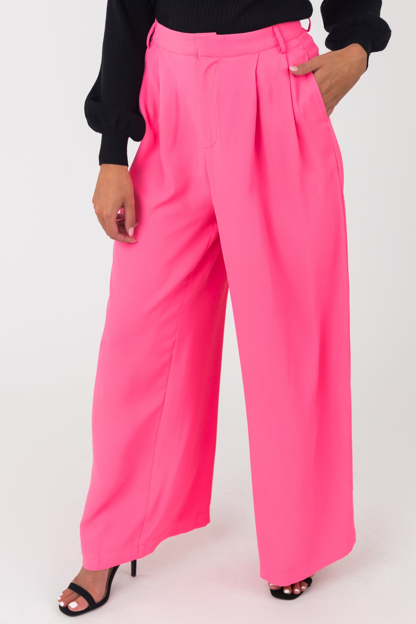 Neon Pink High Waisted Wide Leg Woven Pants