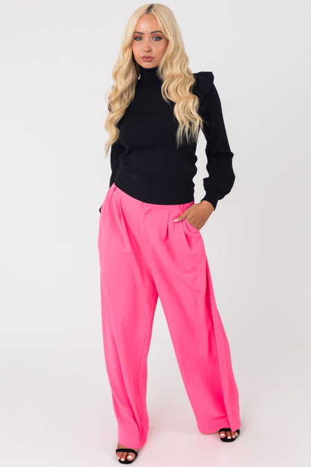 Neon Pink High Waisted Wide Leg Woven Pants