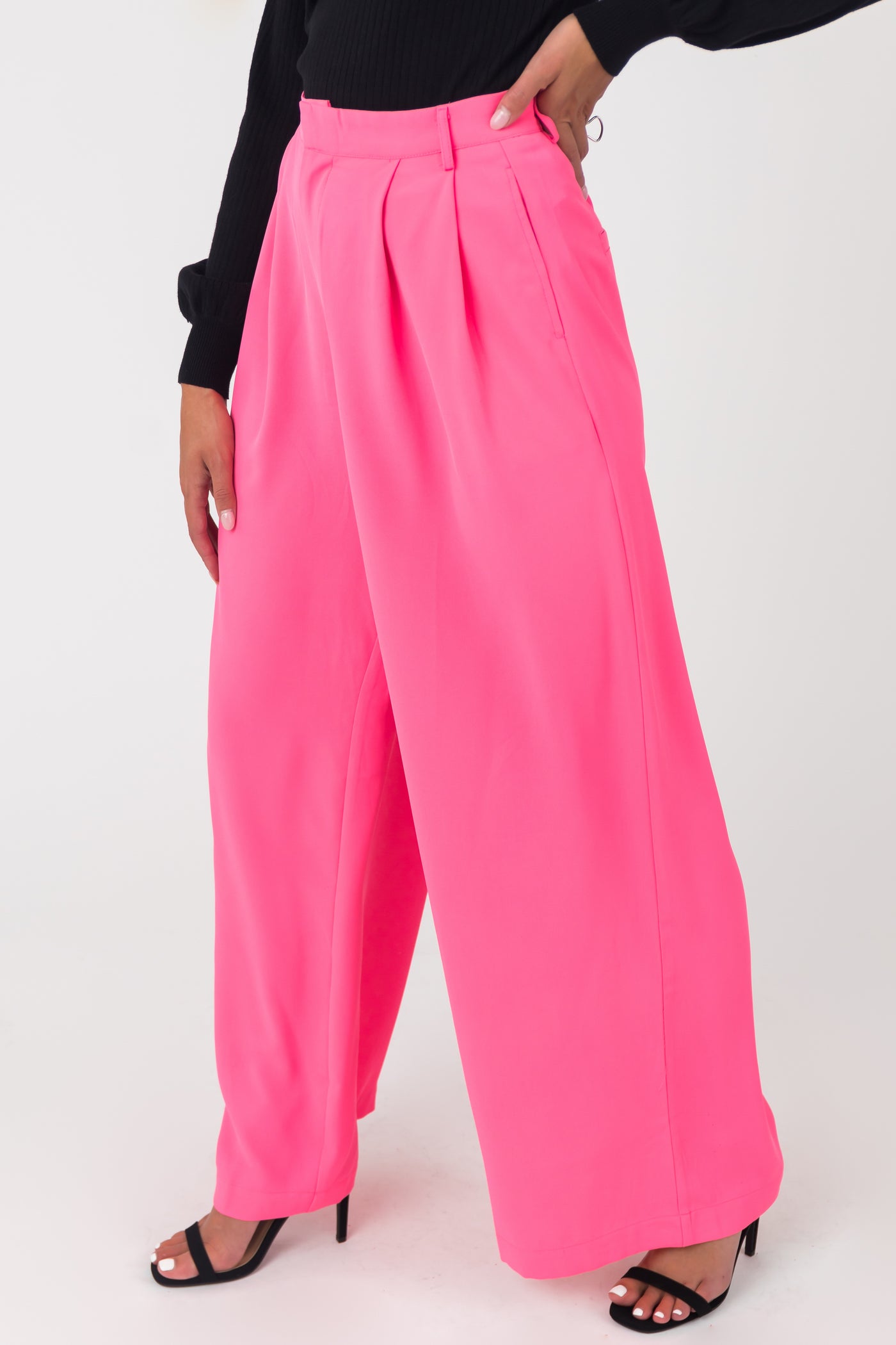 Neon Pink High Waisted Wide Leg Woven Pants