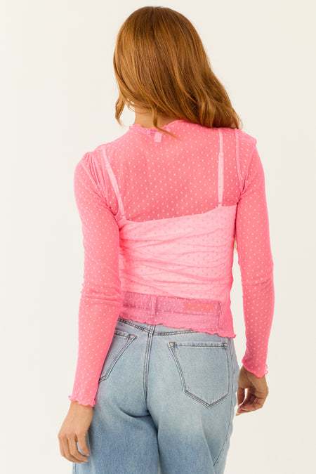 Neon Pink Swiss Dot Long Sleeve Mesh Knit Top