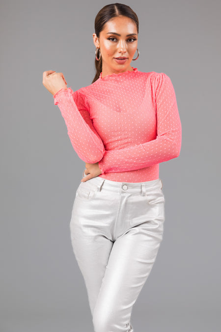 Neon Pink Swiss Dot Long Sleeve Mesh Knit Top