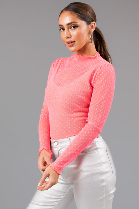 Neon Pink Swiss Dot Long Sleeve Mesh Knit Top