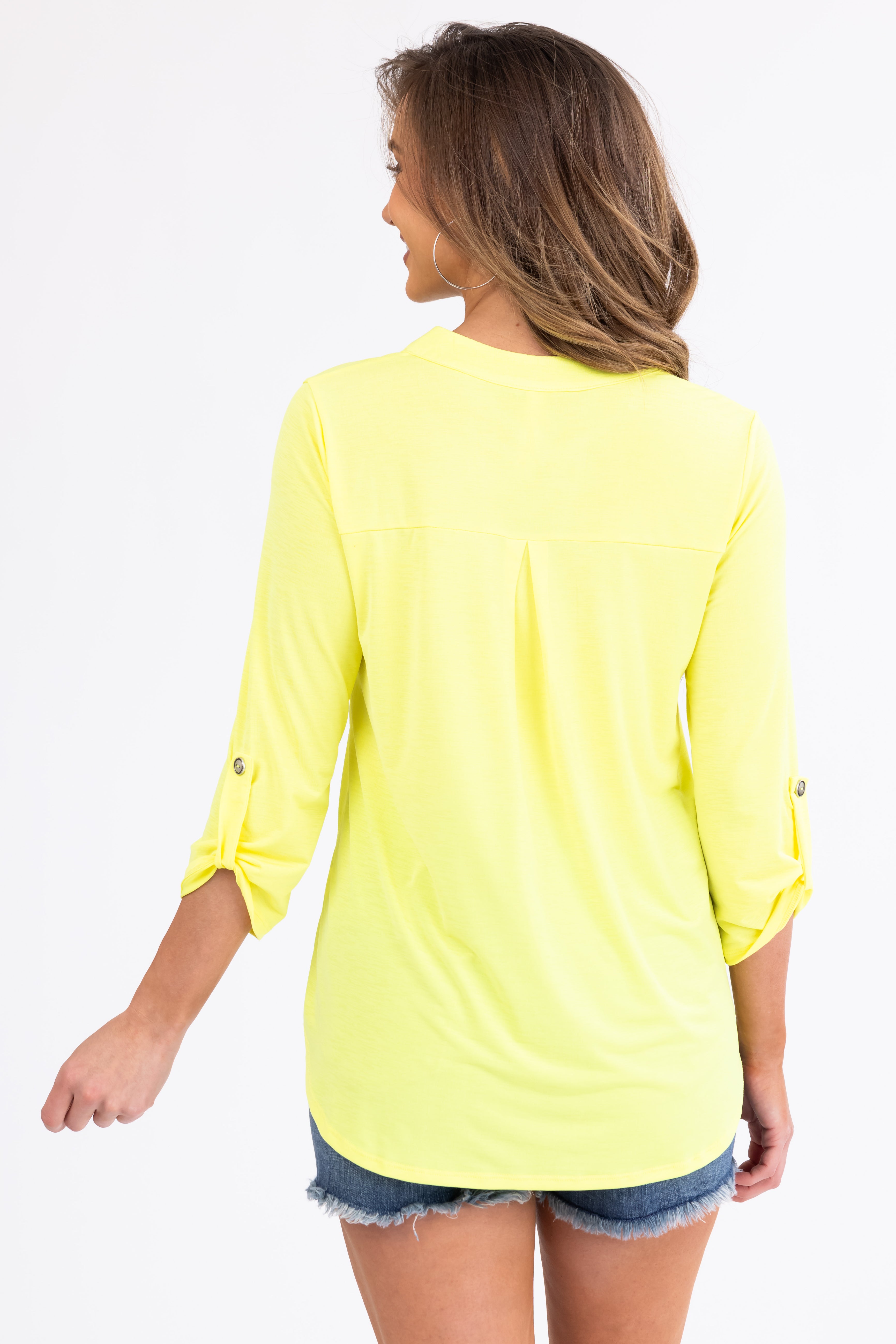 Neon Yellow Notch Neck Cuffed Sleeve Top