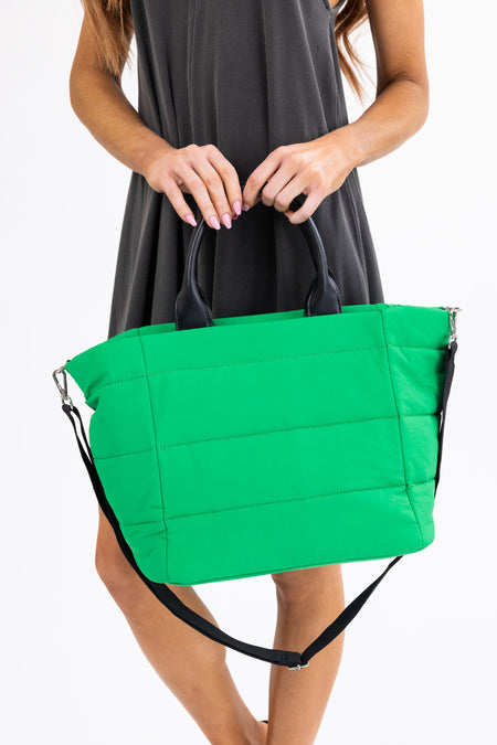 Neon Jade Faux Leather Handled Nylon Tote Bag