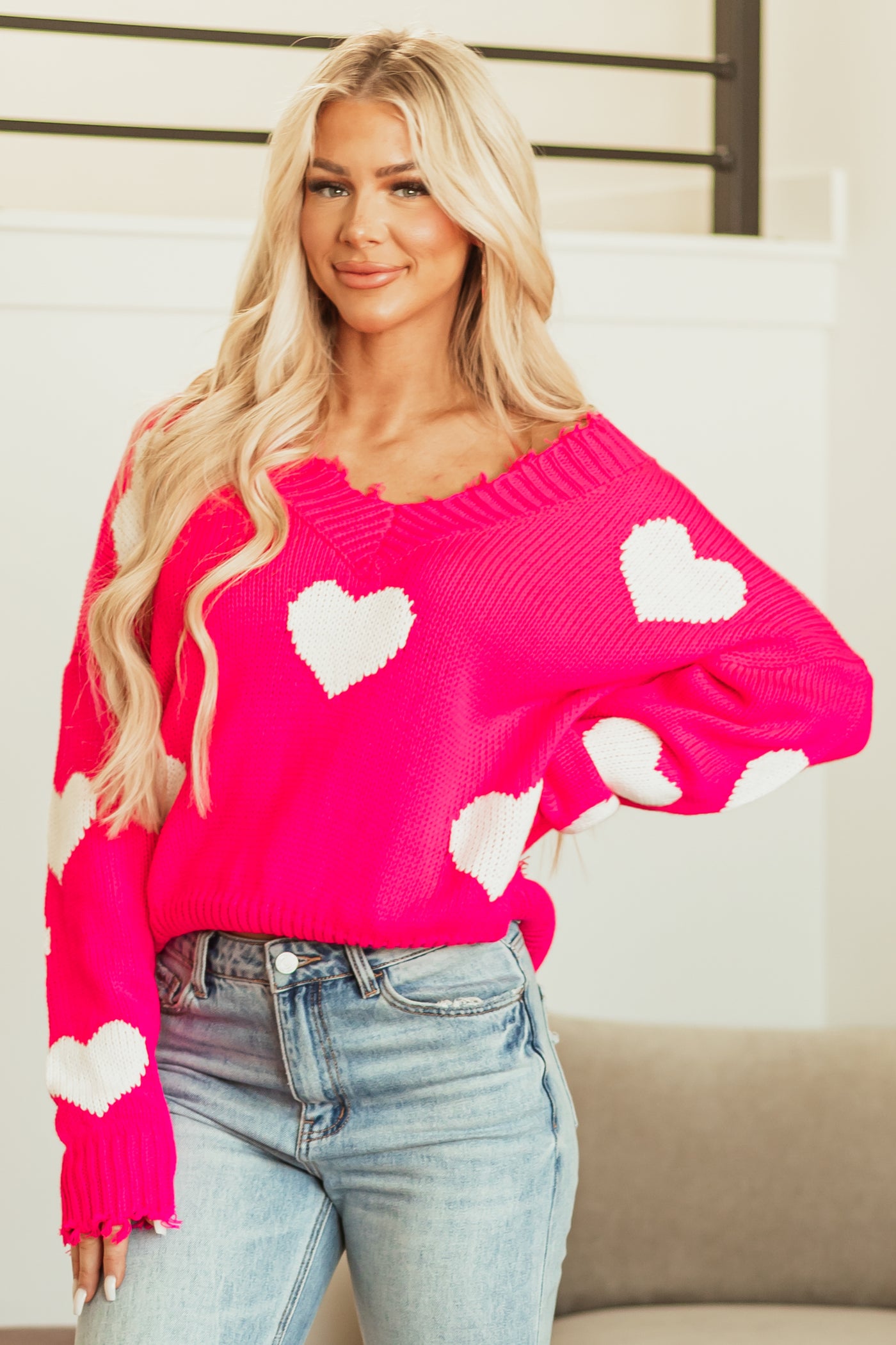 Neon Pink Heart Print Distressed Trim Sweater