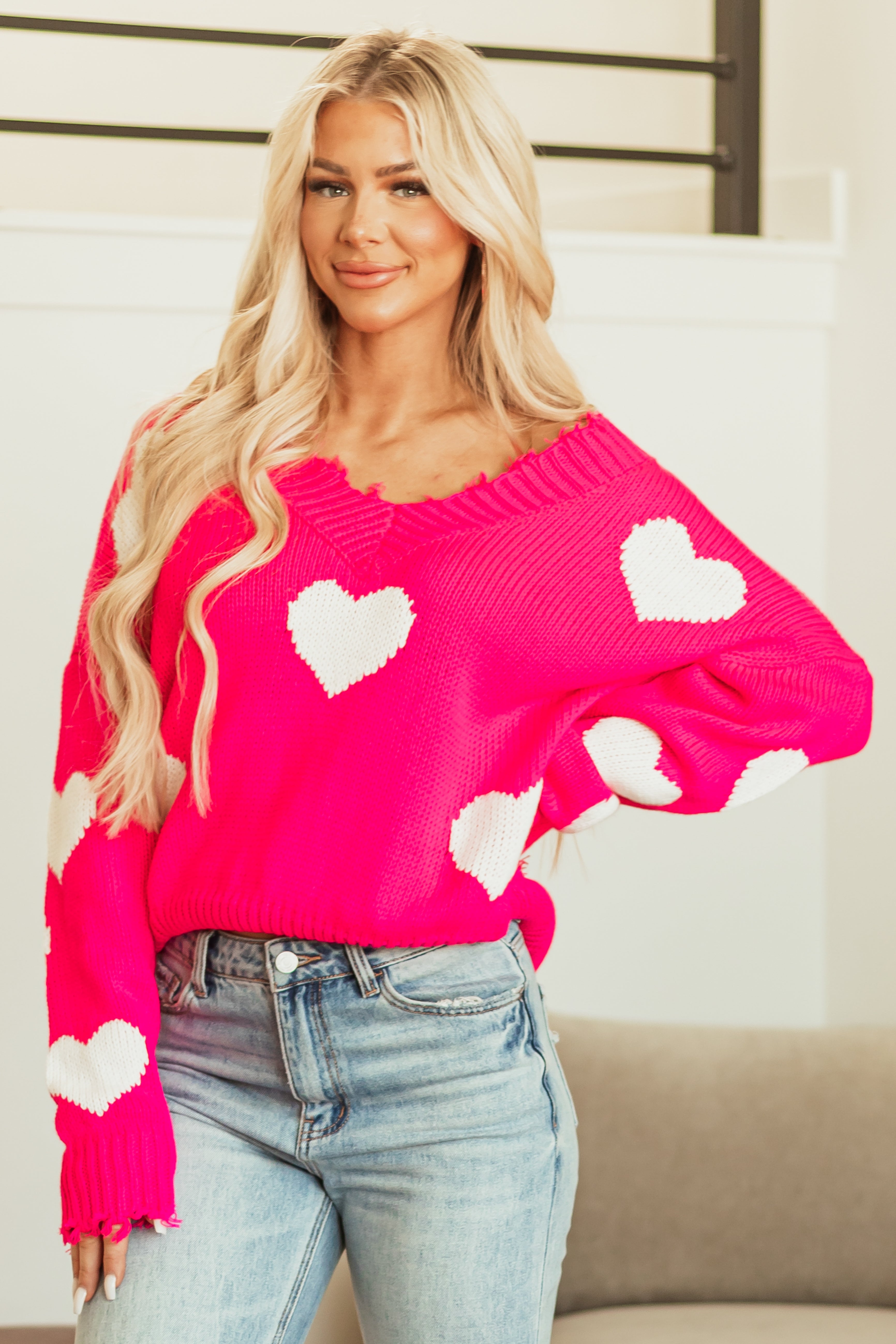 Neon Pink Heart Print Distressed Trim Sweater