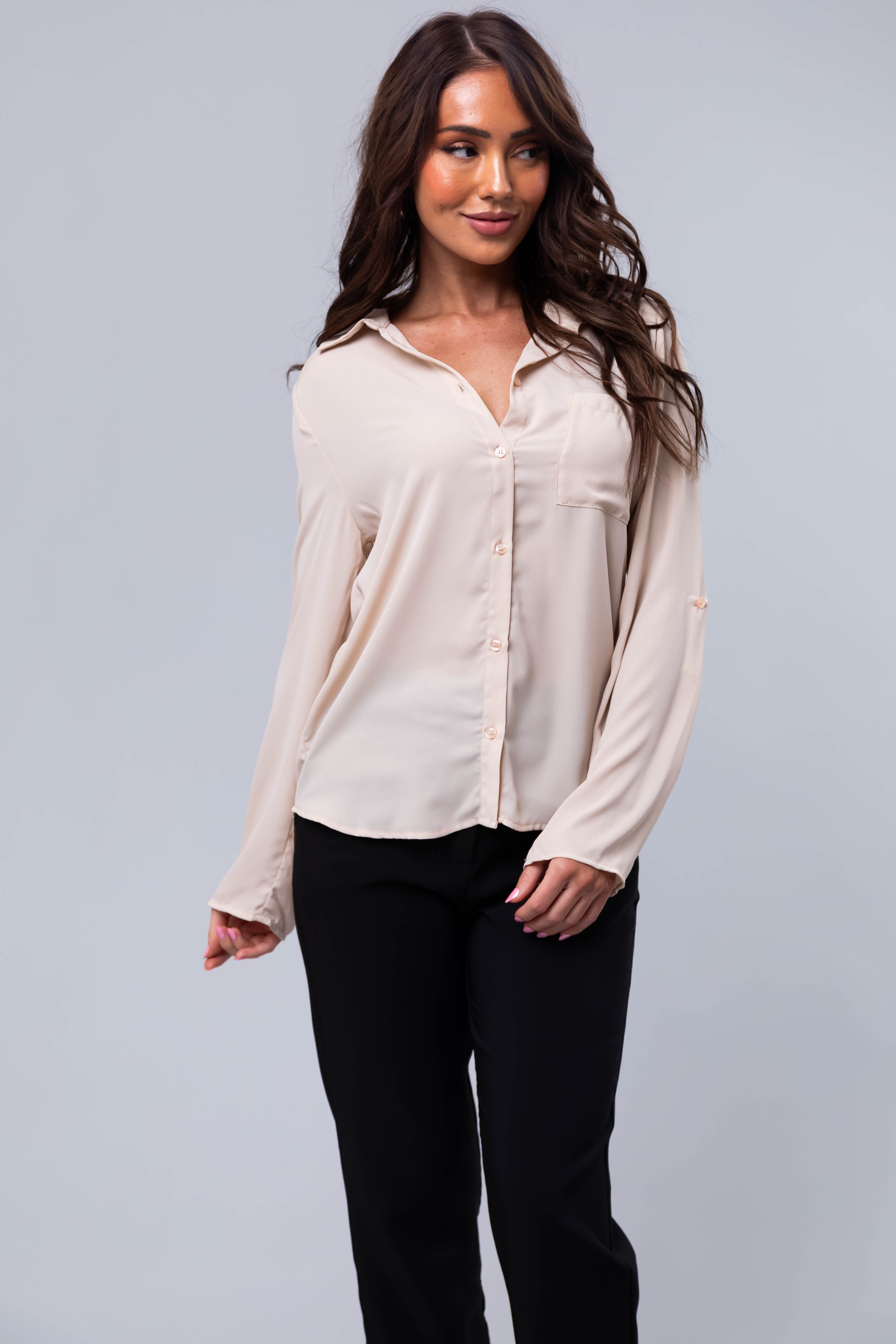 Nude Chest Pocket Collared Blouse