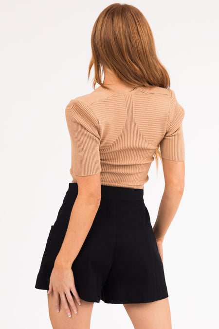 Nude Diamond Neckline Stretchy Ribbed Knit Top