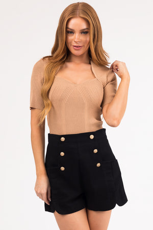 Nude Diamond Neckline Stretchy Ribbed Knit Top