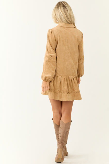 Nude Faux Suede Button Down Collared Short Dress