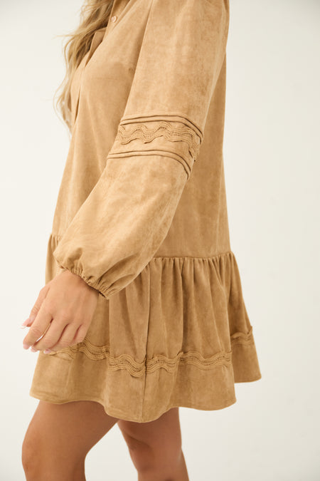 Nude Faux Suede Button Down Collared Short Dress