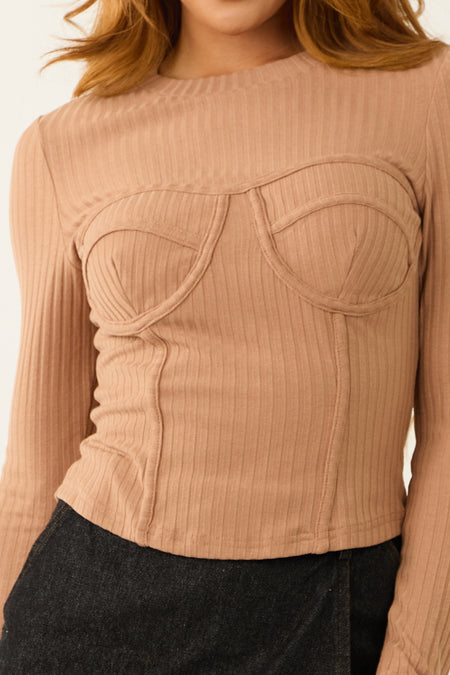 Nude Fitted Corset Knit Long Sleeve Top