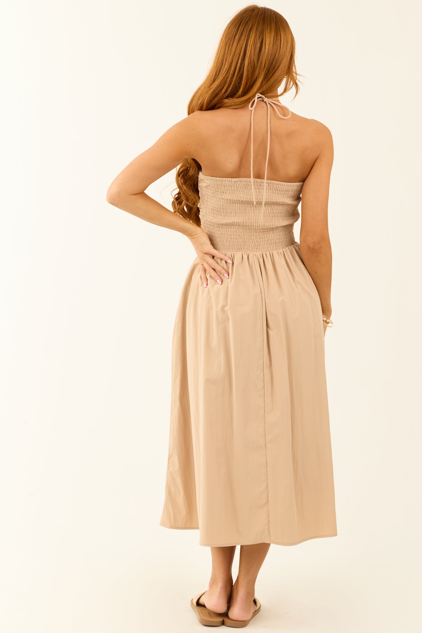 Nude Halter Neck Smocked Back Midi Dress