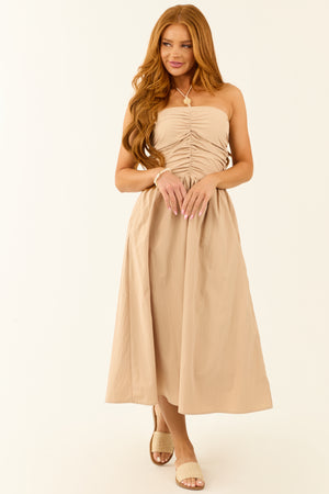 Nude Halter Neck Smocked Back Midi Dress