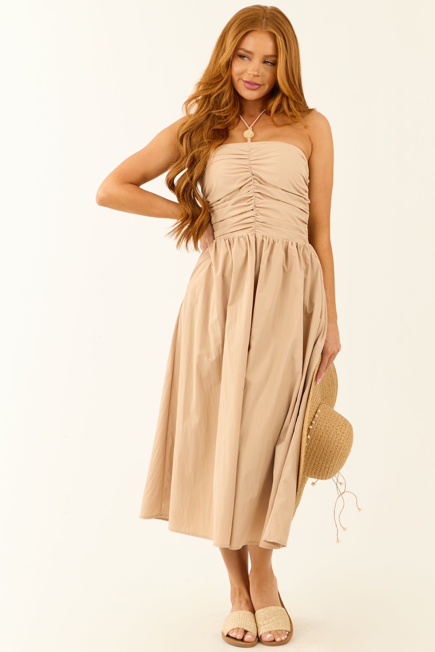 Nude Halter Neck Smocked Back Midi Dress