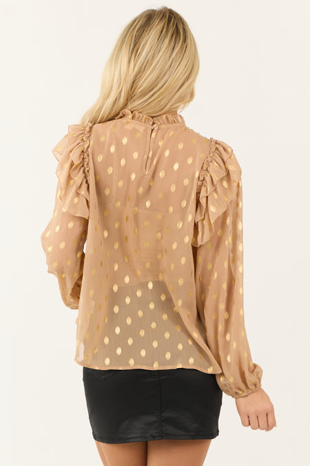 Nude Metallic Gold Polka Dot Long Sleeve Blouse