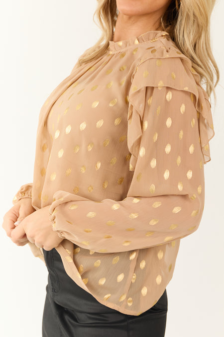 Nude Metallic Gold Polka Dot Long Sleeve Blouse