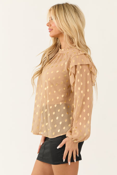 Nude Metallic Gold Polka Dot Long Sleeve Blouse