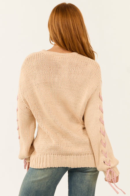 Nude Oversized Sweater with Laced Tie Sleeves