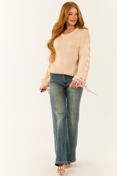 Nude Oversized Sweater with Laced Tie Sleeves