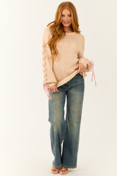 Nude Oversized Sweater with Laced Tie Sleeves