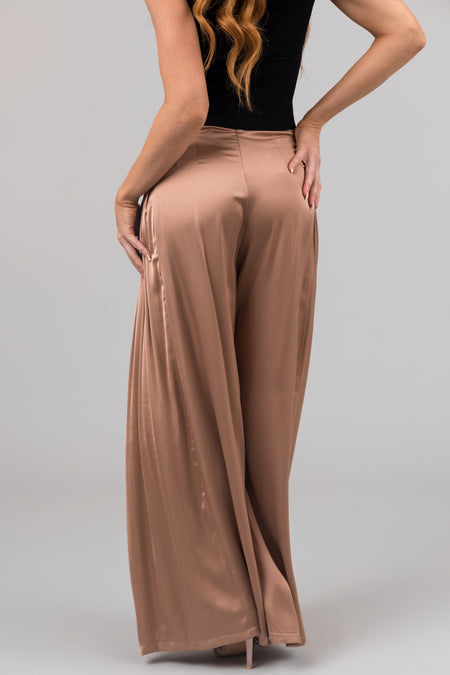 Nude Pleated Sides Wide Leg Satin Pants