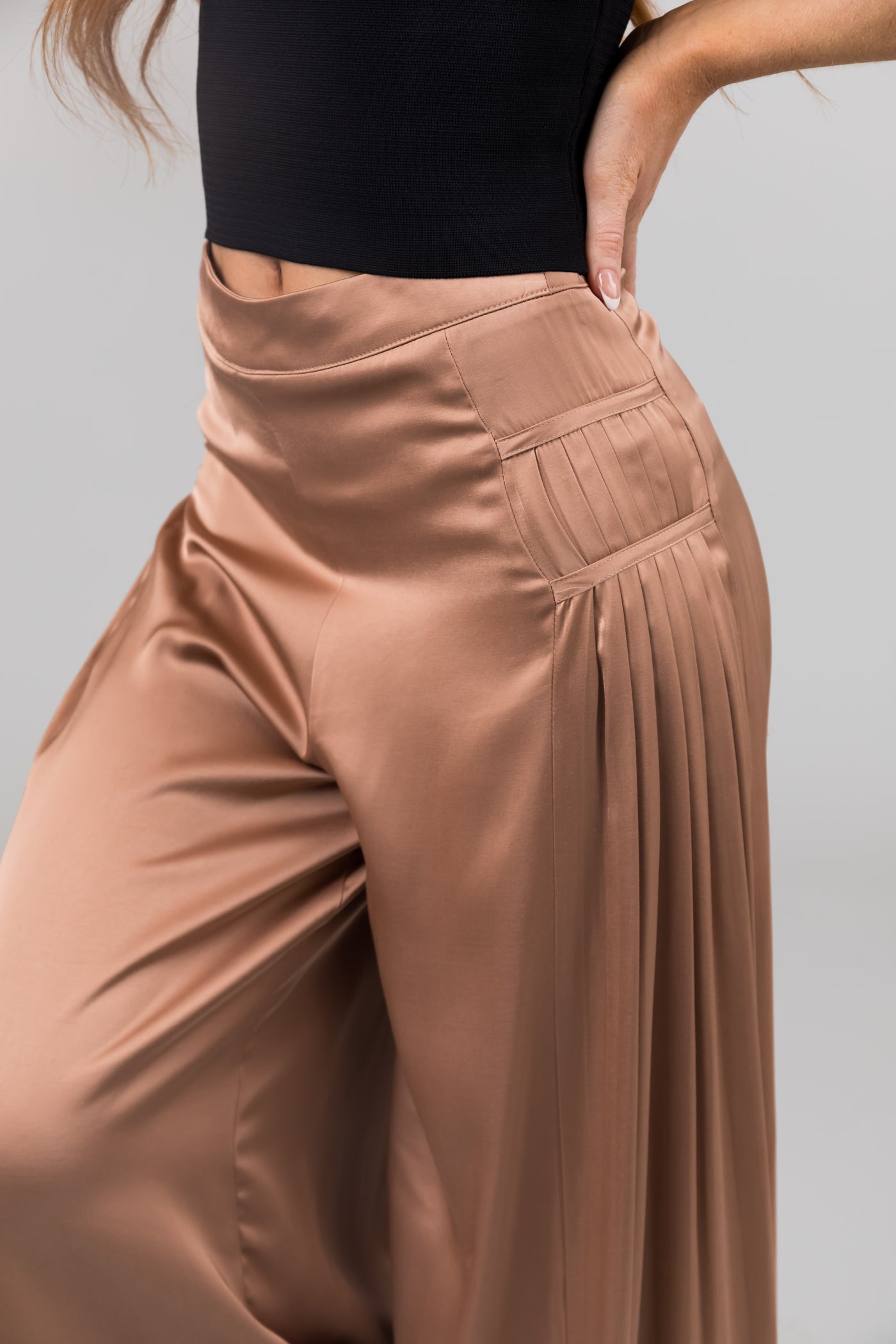 Nude Pleated Sides Wide Leg Satin Pants