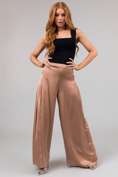 Nude Pleated Sides Wide Leg Satin Pants