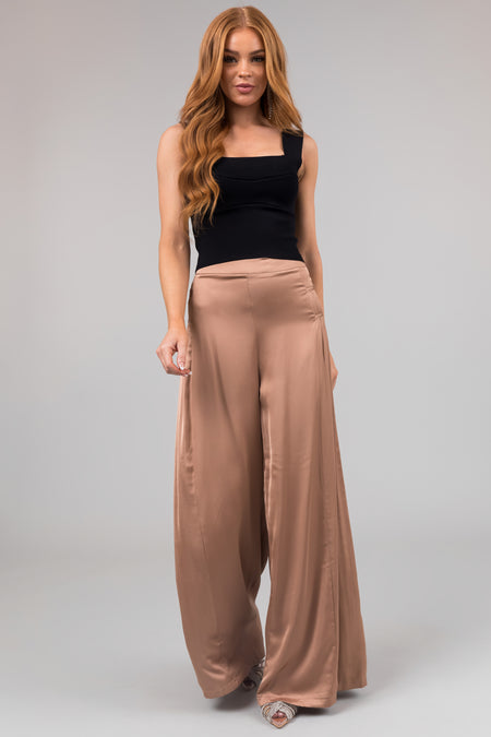 Nude Pleated Sides Wide Leg Satin Pants