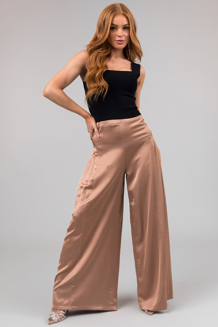 Nude Pleated Sides Wide Leg Satin Pants