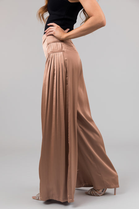 Nude Pleated Sides Wide Leg Satin Pants