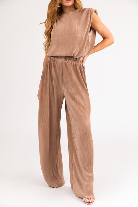 Nude Plisse Elastic Waistband Flowy Pants