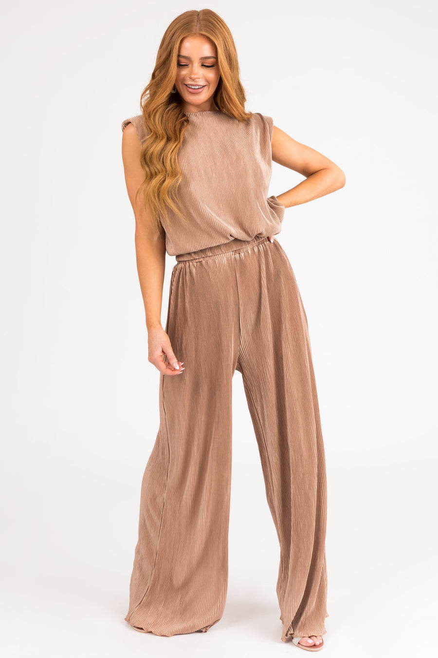 Nude Plisse Elastic Waistband Flowy Pants