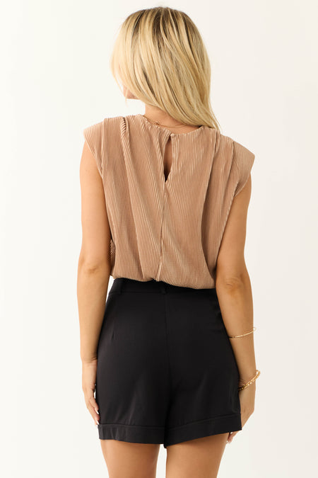 Nude Plisse Round Neck Top with Keyhole Back