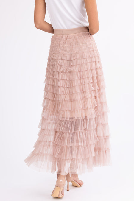 Nude Ruffle Tulle Elastic Maxi Skirt