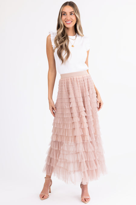 Nude Ruffle Tulle Elastic Maxi Skirt