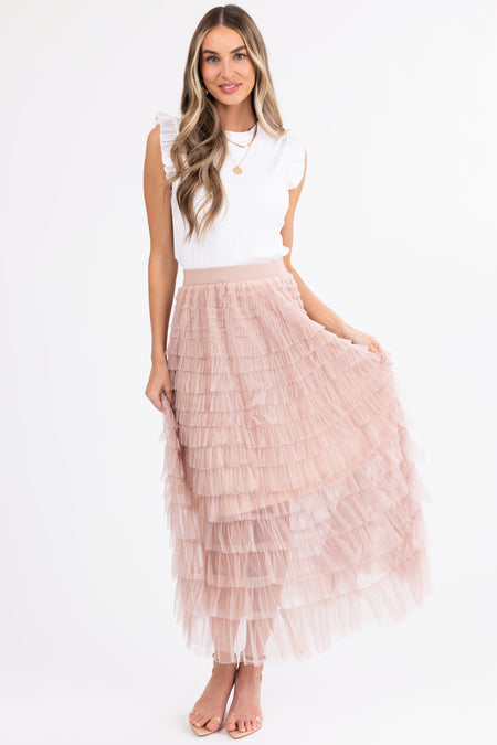 Nude Ruffle Tulle Elastic Maxi Skirt