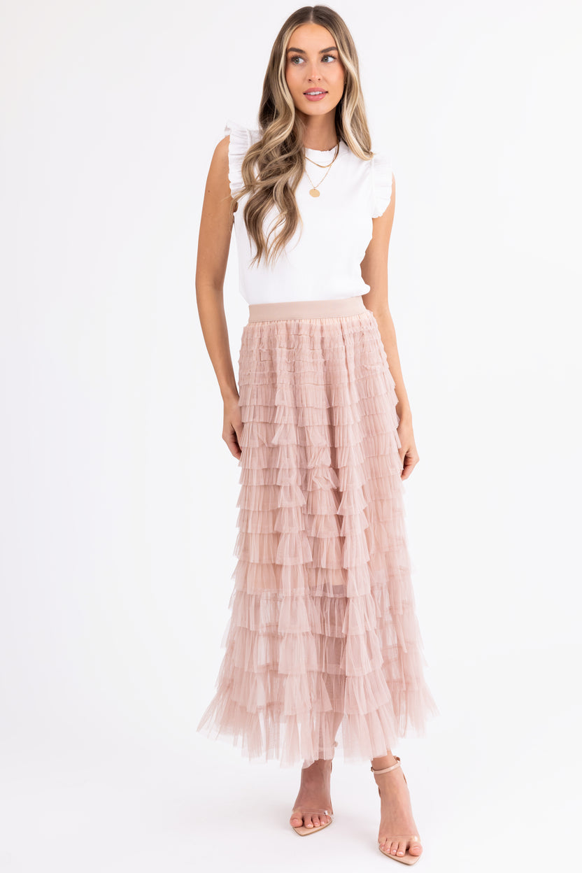 Nude Ruffle Tulle Elastic Maxi Skirt