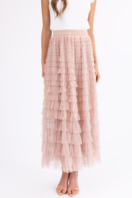 Nude Ruffle Tulle Elastic Maxi Skirt