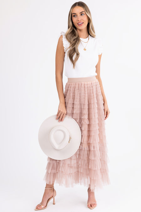 Nude Ruffle Tulle Elastic Maxi Skirt