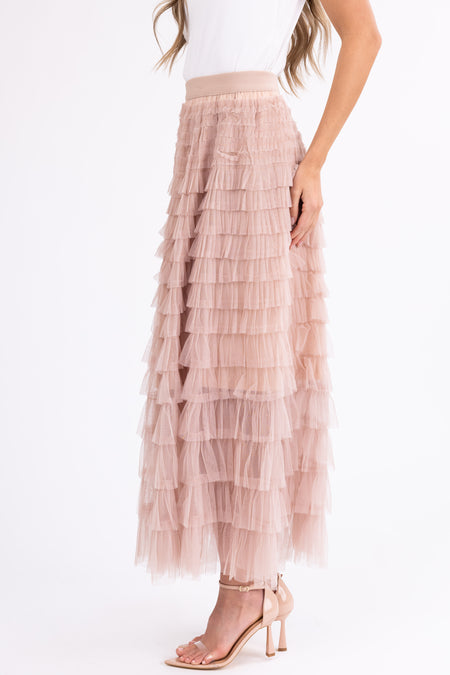 Nude Ruffle Tulle Elastic Maxi Skirt