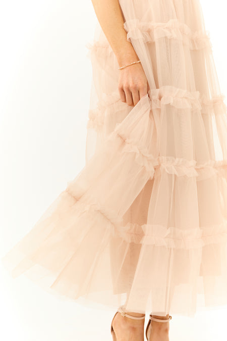 Nude Sleeveless Ruffle Tiered Maxi Dress