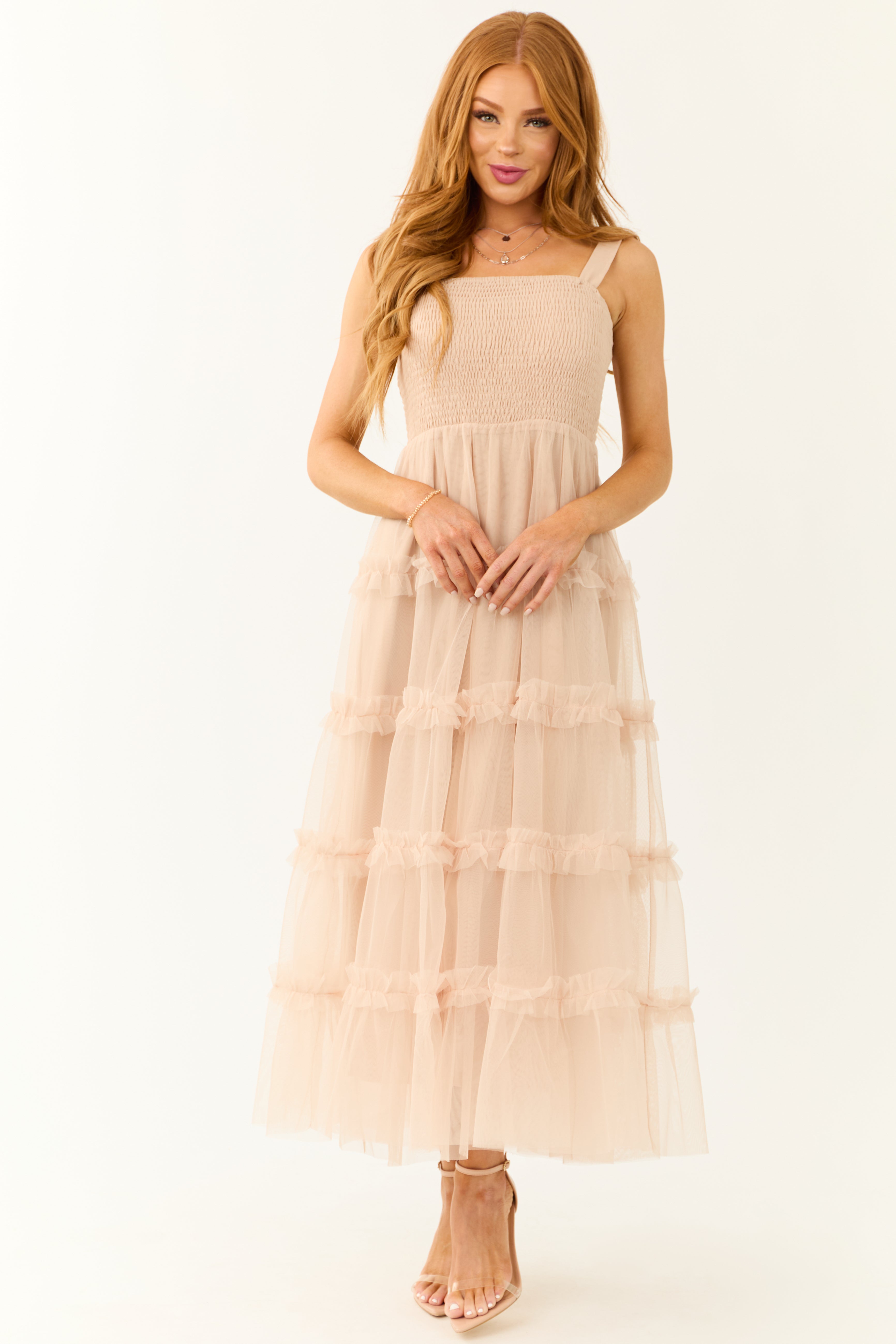 Nude Sleeveless Ruffle Tiered Maxi Dress