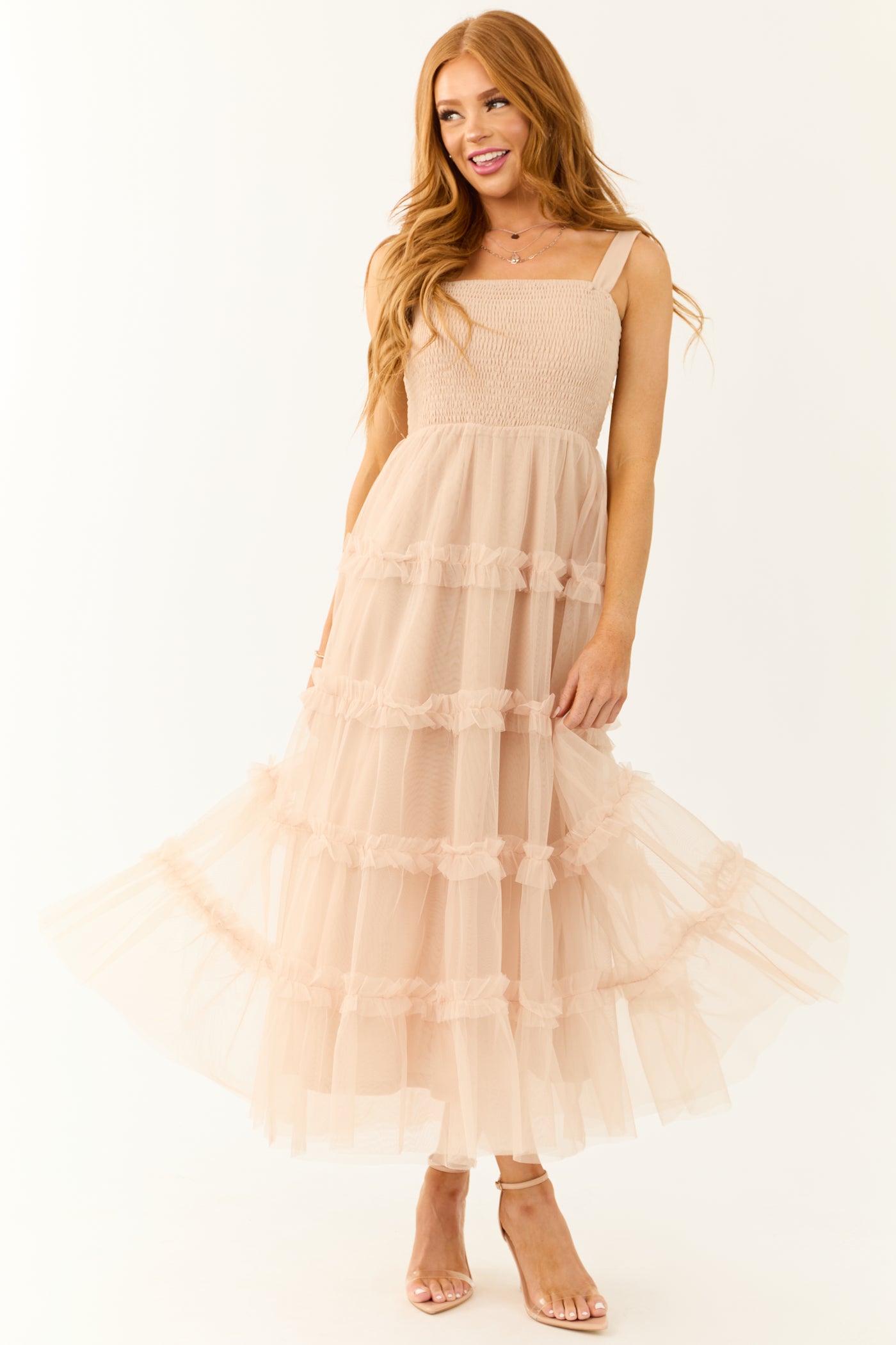 Nude Sleeveless Ruffle Tiered Maxi Dress