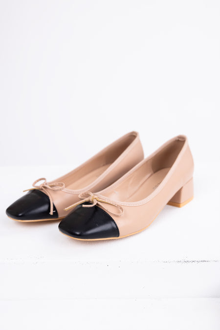 Nude Contrast Toe Low Heel Ballerina Shoes