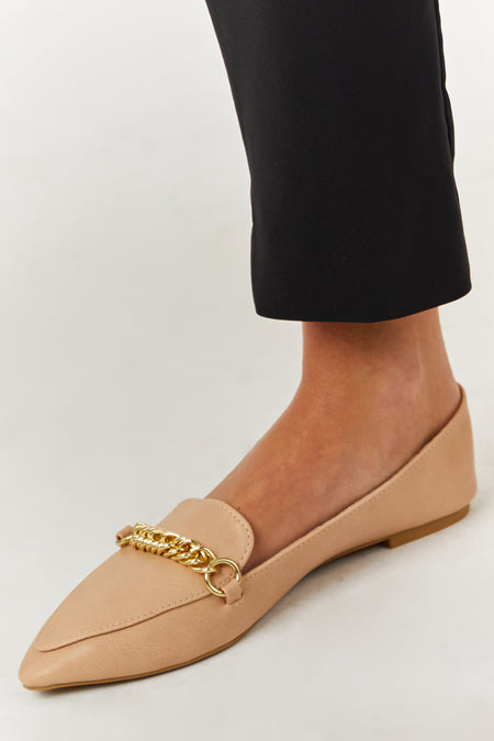 Nude Faux Leather Pointed Toe Gold Chain Loafers