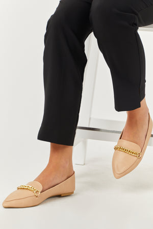 Nude Faux Leather Pointed Toe Gold Chain Loafers